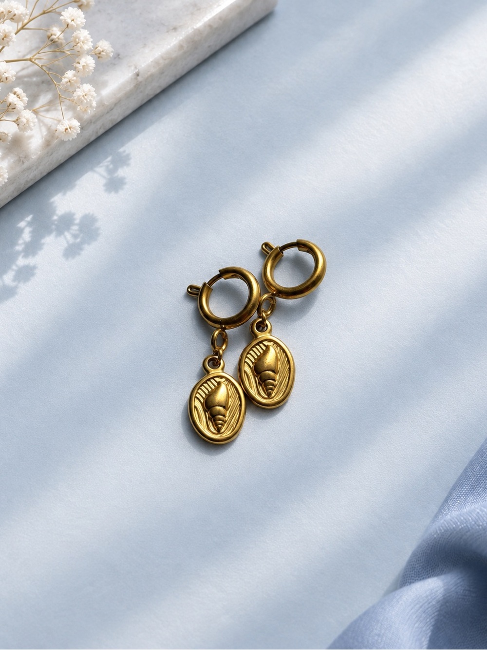 Gold Shell Stainless Steel Pendant Hoop Earrings - Women's Jewelry